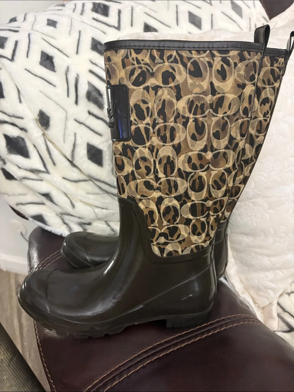 Coach Brown Signature Pattern Tall Rain Boots